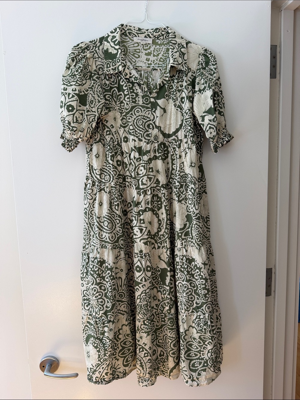 Green and Cream Printed Maternity Midi Dress with Puff Sleeves